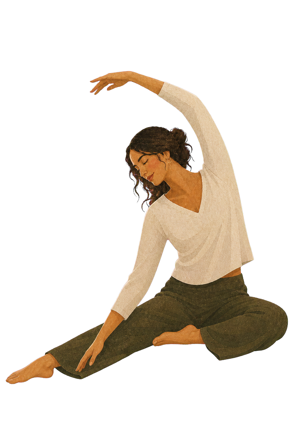 A textured editorial illustration of a woman practicing a gentle seated side stretch